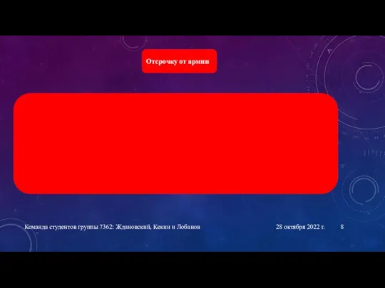 28 октября 2022 г. Команда студентов группы 7362: Ждановский, Кекин и Лобанов Отсрочку от армии