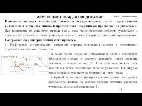 Изменение порядка следования элементов осуществляется путем переустановки указателей в элементах списка и