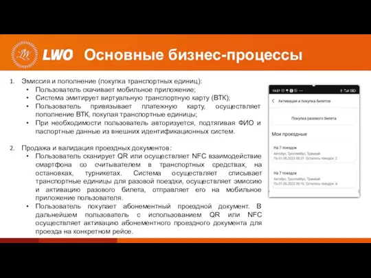 Основные бизнес-процессы Эмиссия и пополнение (покупка транспортных единиц): Пользователь скачивает мобильное приложение;