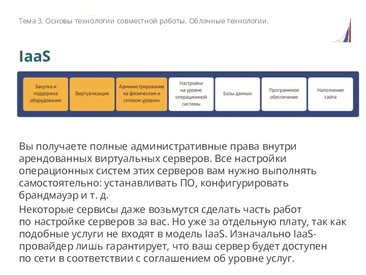 IaaS Вы получаете полные административные права внутри арендованных виртуальных серверов. Все настройки