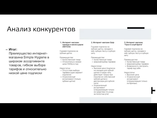 Анализ конкурентов Итог: Преимущество интернет-магазина Simple Hygiene в широком ассортименте товаров, гибком