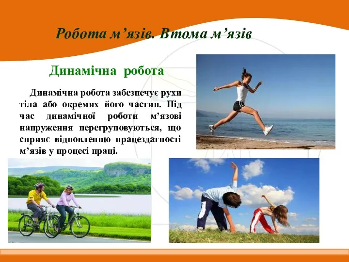 Робота м’язів. Втома м’язів Динамічна робота Динамічна робота забезпечує рухи тіла або