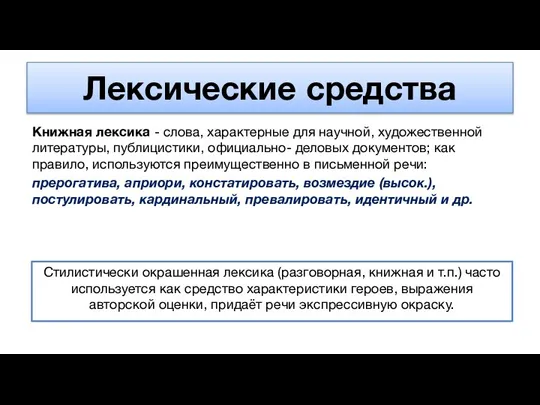 Лексические средства Книжная лексика - слова, характерные для научной, художественной литературы, публицистики,