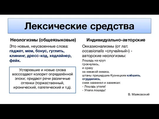 Лексические средства Неологизмы (общеязыковые) Это новые, неусвоенные слова: гаджет, мем, бонус, гуглить,