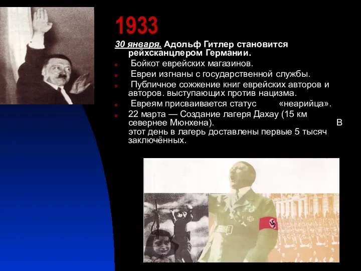 1933 30 января. Адольф Гитлер становится рейхсканцлером Германии. Бойкот еврейских магазинов. Евреи