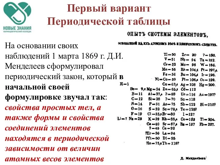 На основании своих наблюдений 1 марта 1869 г. Д.И. Менделеев сформулировал периодический