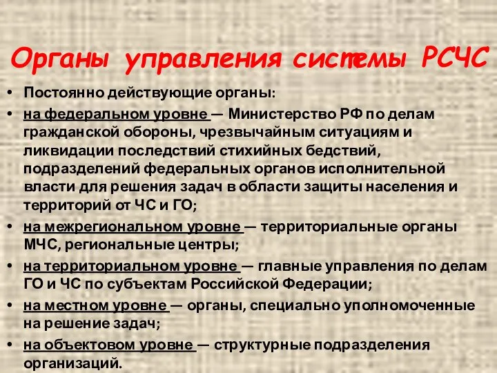 Органы управления системы РСЧС Постоянно действующие органы: на федеральном уровне — Министерство