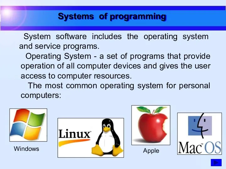Systems of programming System software includes the operating system and service programs.