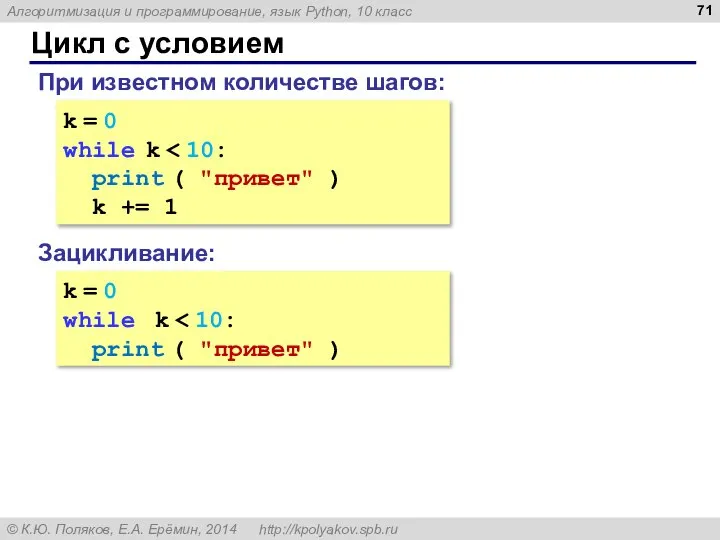 Цикл с условием k = 0 while k print ( "привет" )