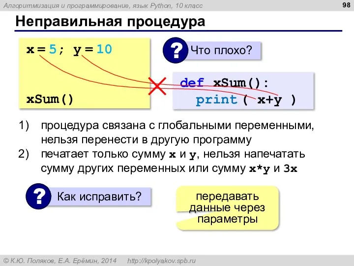 Неправильная процедура x = 5; y = 10 def sum(): print (