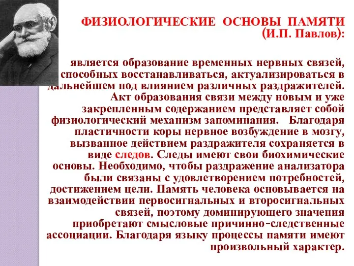 ФИЗИОЛОГИЧЕСКИЕ ОСНОВЫ ПАМЯТИ (И.П. Павлов): является образование временных нервных связей, способных восстанавливаться,