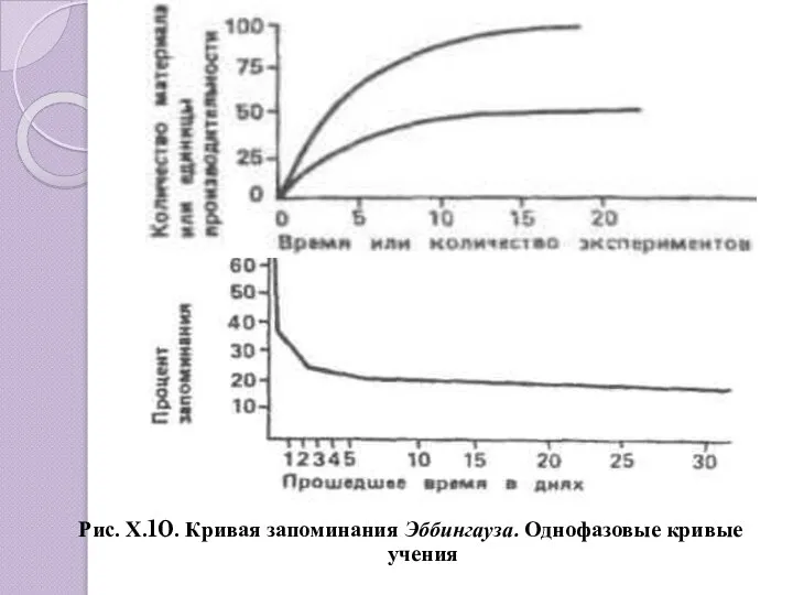 Рис. Х.10. Кривая запоминания Эббингауза. Однофазовые кривые учения