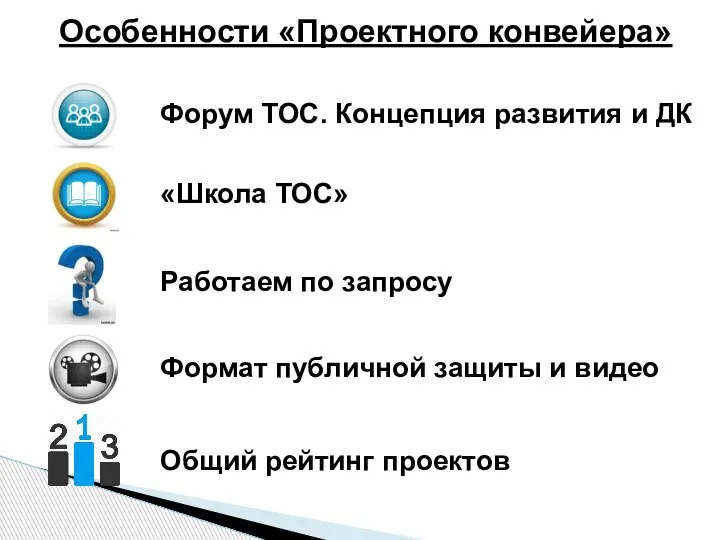 Форум ТОС. Концепция развития и ДК Особенности «Проектного конвейера» «Школа ТОС» Работаем