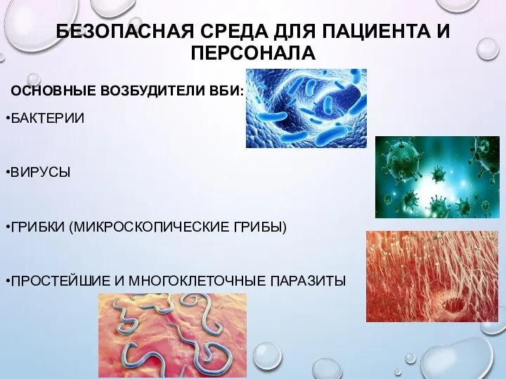 БЕЗОПАСНАЯ СРЕДА ДЛЯ ПАЦИЕНТА И ПЕРСОНАЛА ОСНОВНЫЕ ВОЗБУДИТЕЛИ ВБИ: БАКТЕРИИ ВИРУСЫ ГРИБКИ