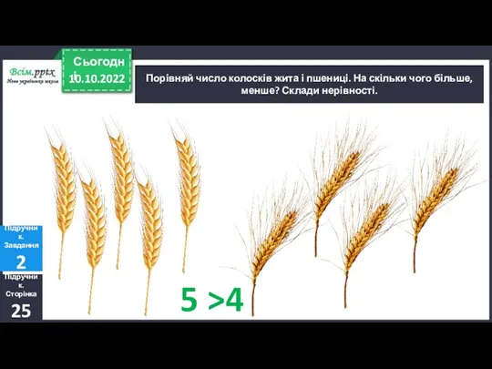 10.10.2022 Сьогодні Порівняй число колосків жита і пшениці. На скільки чого більше,