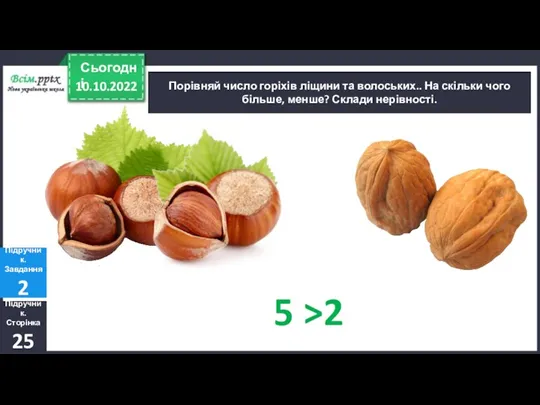 10.10.2022 Сьогодні Порівняй число горіхів ліщини та волоських.. На скільки чого більше,
