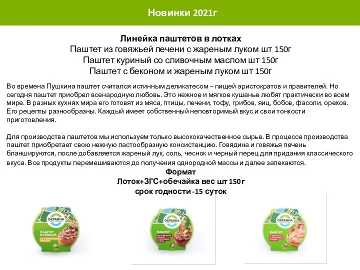 ВИДЫ УПАКОВКИ Линейка паштетов в лотках Паштет из говяжьей печени с жареным