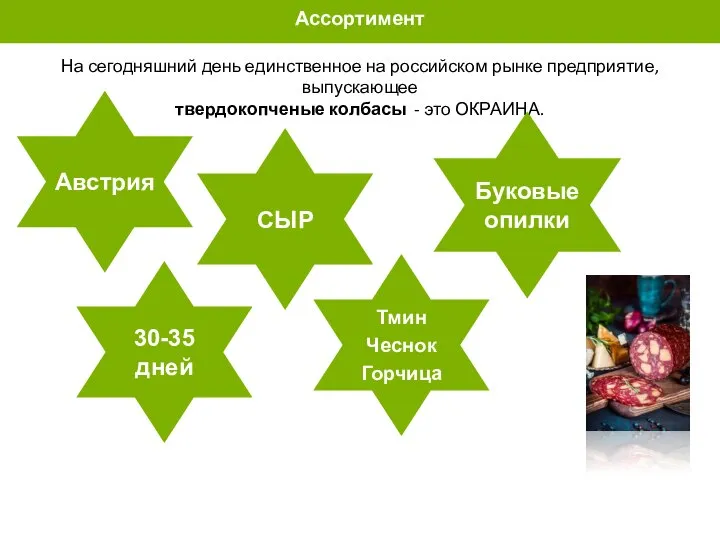 Ассортимент На сегодняшний день единственное на российском рынке предприятие, выпускающее твердокопченые колбасы