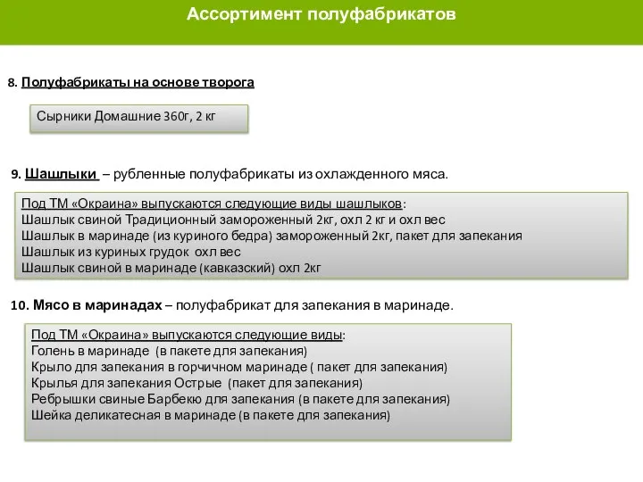 8. Полуфабрикаты на основе творога Сырники Домашние 360г, 2 кг 9. Шашлыки