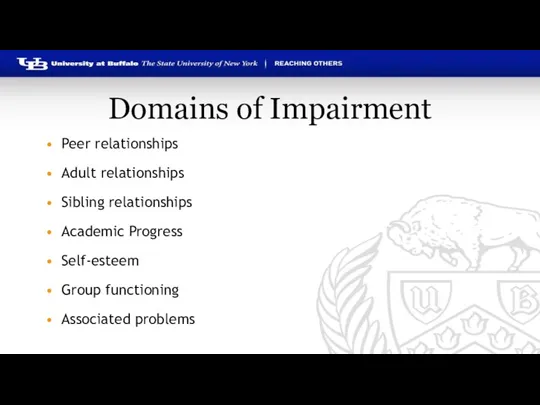 Domains of Impairment Peer relationships Adult relationships Sibling relationships Academic Progress Self-esteem Group functioning Associated problems