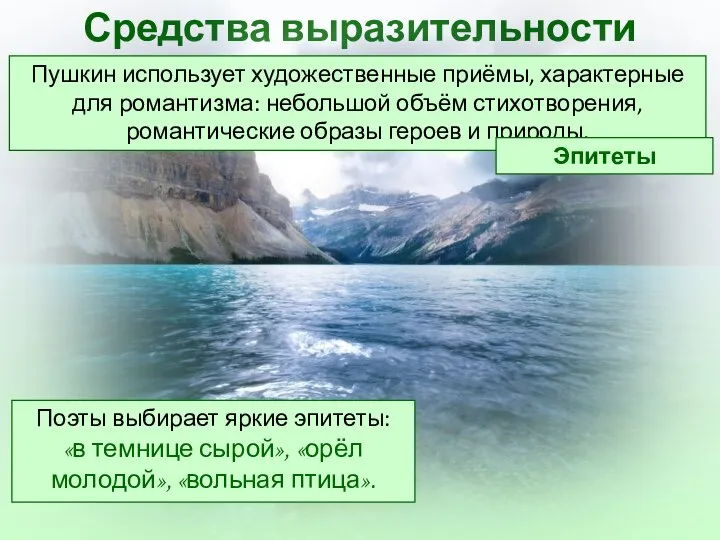 Средства выразительности Поэты выбирает яркие эпитеты: «в темнице сырой», «орёл молодой», «вольная