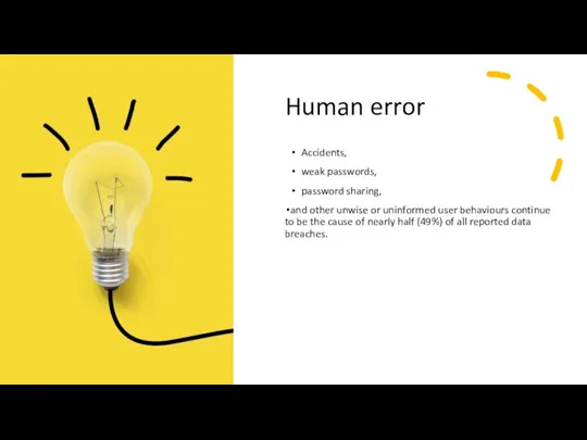 Human error Accidents, weak passwords, password sharing, and other unwise or uninformed