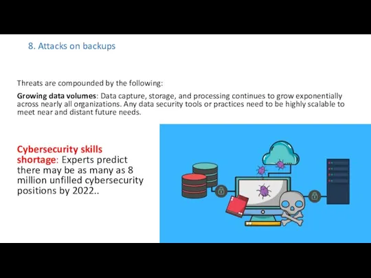 8. Attacks on backups Threats are compounded by the following: Growing data