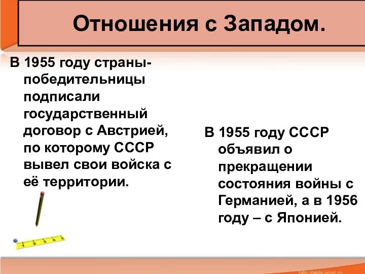 Отношения с Западом. В 1955 году страны-победительницы подписали государственный договор с Австрией,