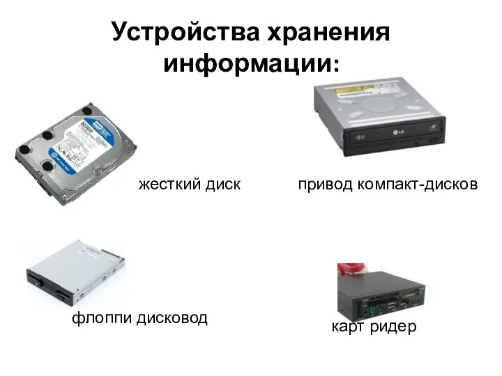 привод компакт-дисков карт ридер жесткий диск флоппи дисковод Устройства хранения информации: