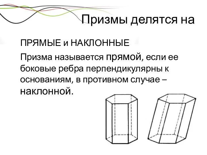 Призмы делятся на ПРЯМЫЕ и НАКЛОННЫЕ Призма называется прямой, если ее боковые