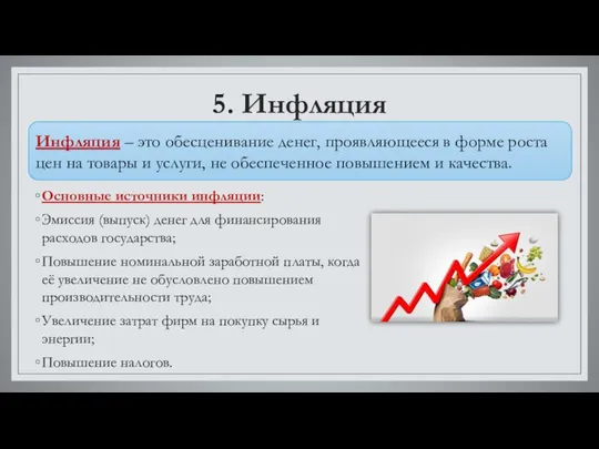 5. Инфляция Основные источники инфляции: Эмиссия (выпуск) денег для финансирования расходов государства;