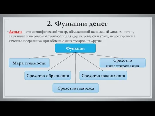 2. Функции денег Деньги – это специфический товар, обладающий наивысшей ликвидностью, служащий