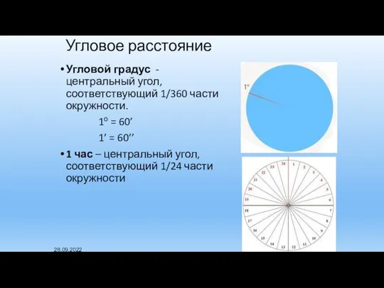 Угловое расстояние Угловой градус - центральный угол, соответствующий 1/360 части окружности. 1о