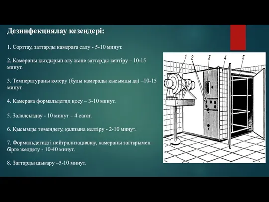 Дезинфекциялау кезеңдері: 1. Сорттау, заттарды камераға салу - 5-10 минут. 2. Камераны