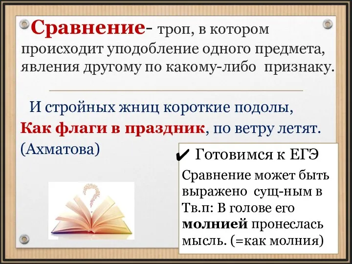 Сравнение- троп, в котором происходит уподобление одного предмета, явления другому по какому-либо