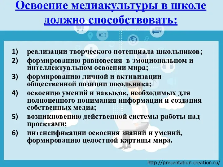 Освоение медиакультуры в школе должно способствовать: реализации творческого потенциала школьников; формированию равновесия