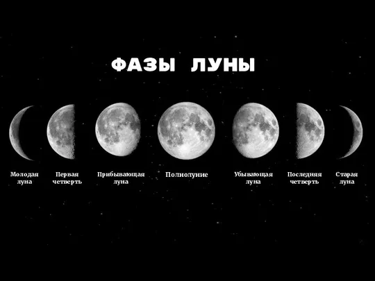 Фазы луны Молодая луна Первая четверть Прибывающая луна Полнолуние Убывающая луна Последняя четверть Старая луна