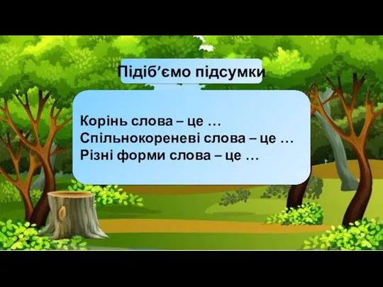 Підіб’ємо підсумки Корінь слова – це … Спільнокореневі слова – це …