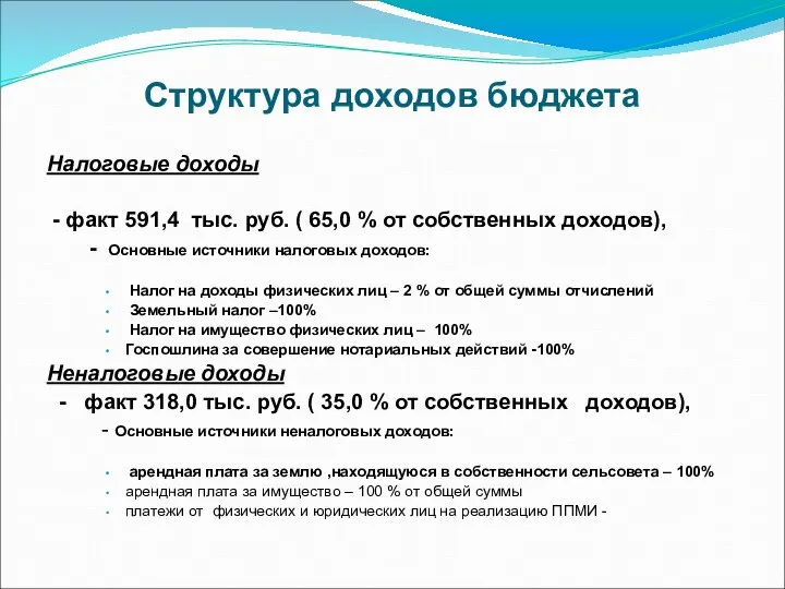 Структура доходов бюджета Налоговые доходы - факт 591,4 тыс. руб. ( 65,0