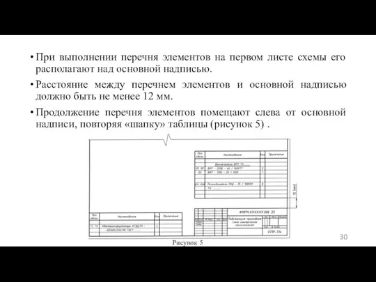 При выполнении перечня элементов на первом листе схемы его располагают над основной