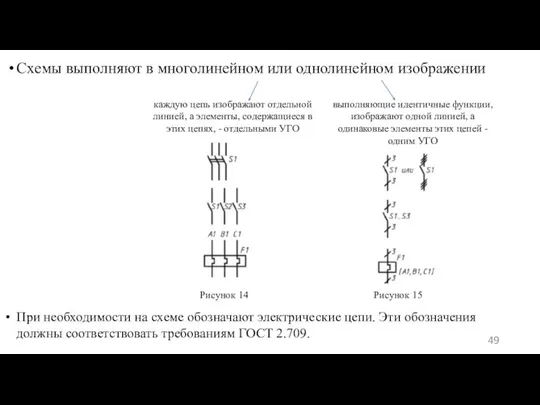 Схемы выполняют в многолинейном или однолинейном изображении При необходимости на схеме обозначают