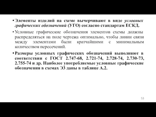 Элементы изделий на схеме вычерчивают в виде условных графических обозначений (УГО) согласно