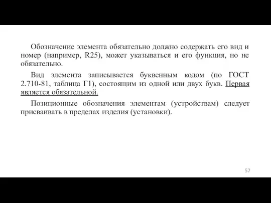 Обозначение элемента обязательно должно содержать его вид и номер (например, R25), может