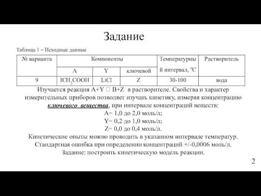 Задание Таблица 1 – Исходные данные Изучается реакция A+Y ? B+Z в