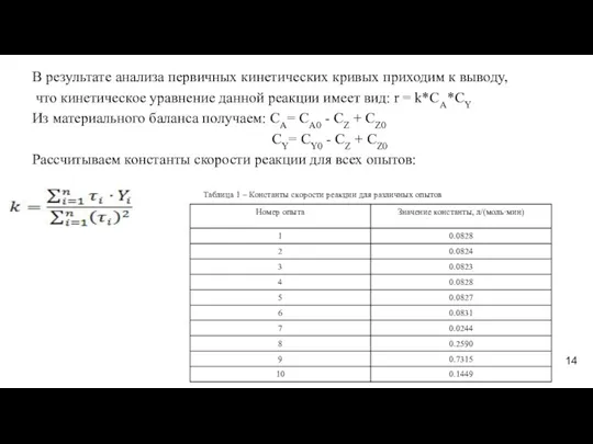 В результате анализа первичных кинетических кривых приходим к выводу, что кинетическое уравнение