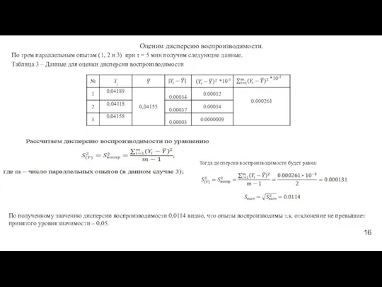 Оценим дисперсию воспроизводимости. По трем параллельным опытам (1, 2 и 3) при