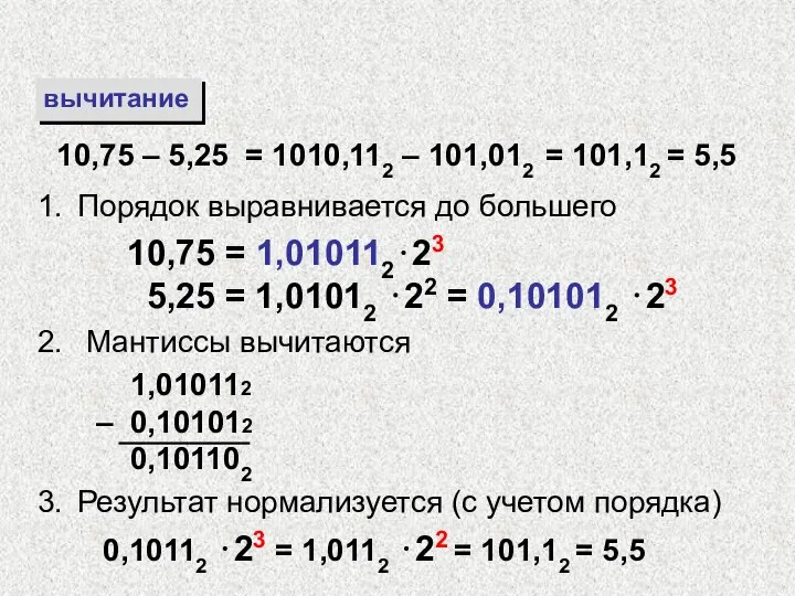 вычитание Порядок выравнивается до большего 10,75 = 1,010112⋅23 5,25 = 1,01012 ⋅22