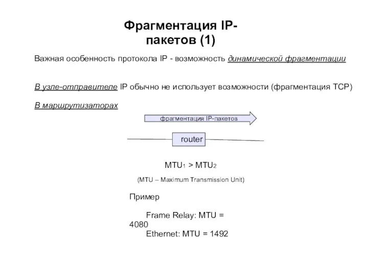 Фрагментация IP-пакетов (1) Важная особенность протокола IP - возможность динамической фрагментации В