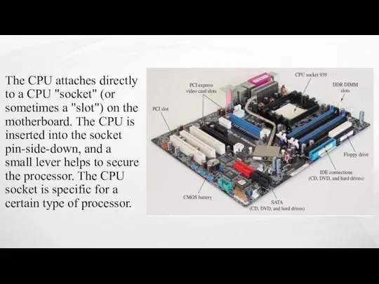 The CPU attaches directly to a CPU "socket" (or sometimes a "slot")