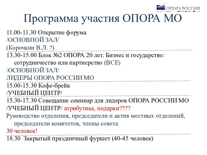 Программа участия ОПОРА МО 11.00-11.30 Открытие форума /ОСНОВНОЙ ЗАЛ/ (Корочкин В.Л. ?)